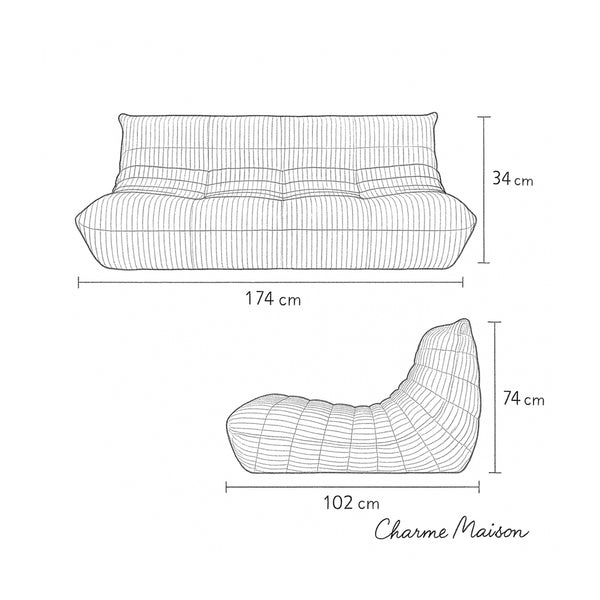 Modern 3 Seater Corduroy Relax Sofa – Sculptural Design and Elegant Texture