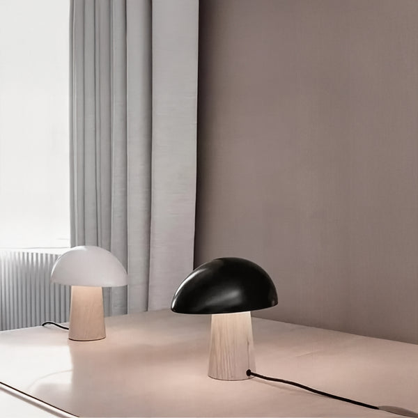 Scandinavian Mushroom Lamp – Natural Wood &amp; White or Black Shade