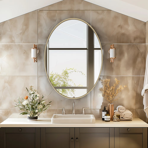 Miroir Décoratif Doré Oval avec Cadre en Métal.