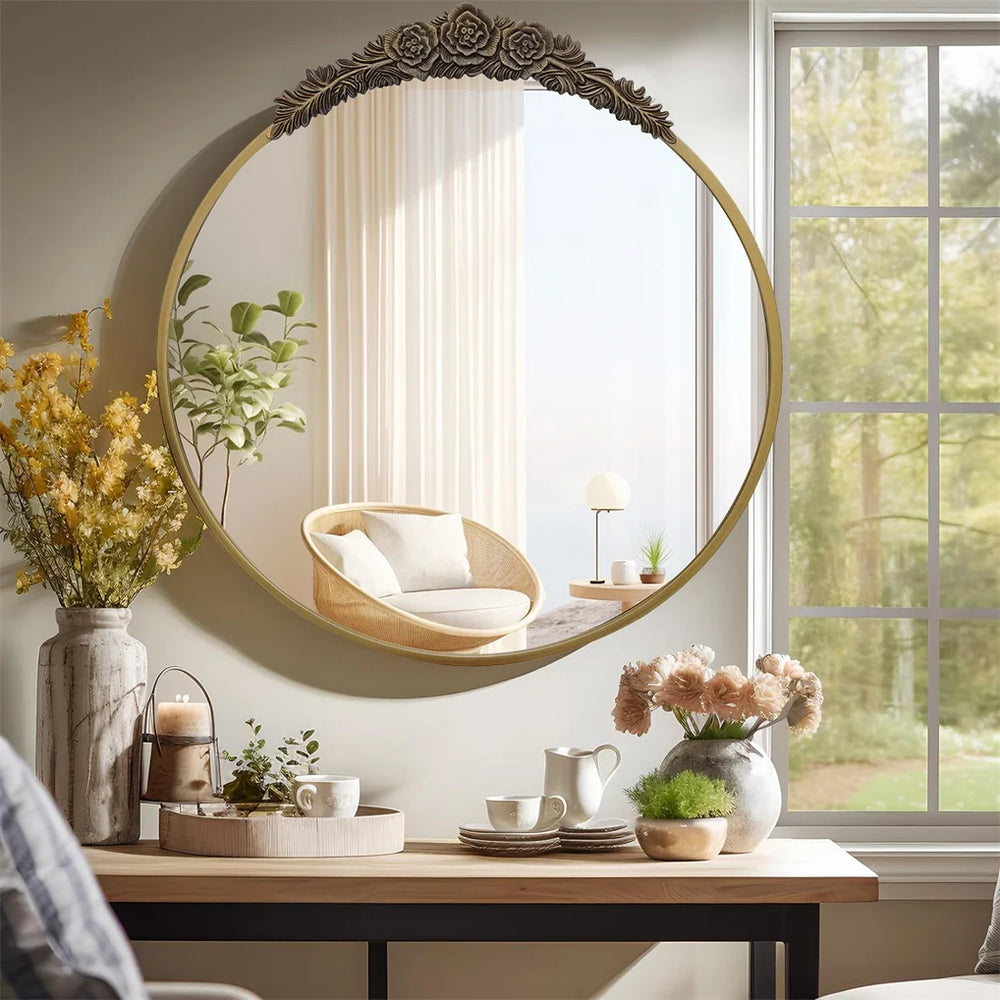 Miroir Décoratif en Laiton et Résine avec Cadre Métal - Style Baroque.