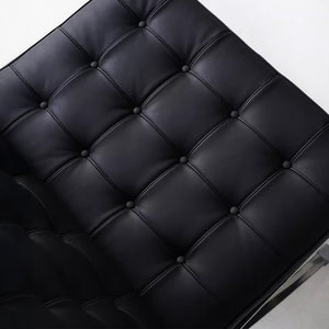 Lounge Chair &amp; Footstool – Black Genuine Leather &amp; Sculptural Chrome Frame