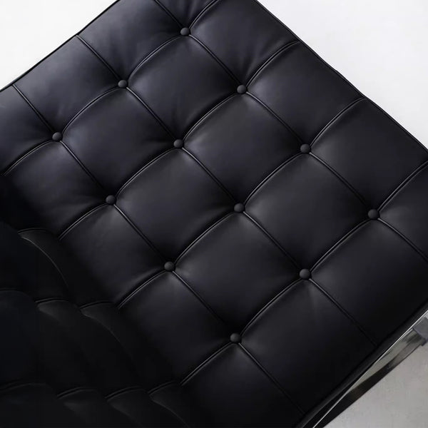 Lounge Chair &amp; Footstool – Black Genuine Leather &amp; Sculptural Chrome Frame