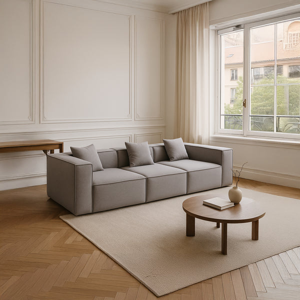 Modular 3-Seater Sofa in Grey Fabric – Cubic Design &amp; High-Density Comfort