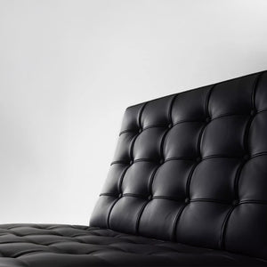 Lounge Chair &amp; Footstool – Black Genuine Leather &amp; Sculptural Chrome Frame