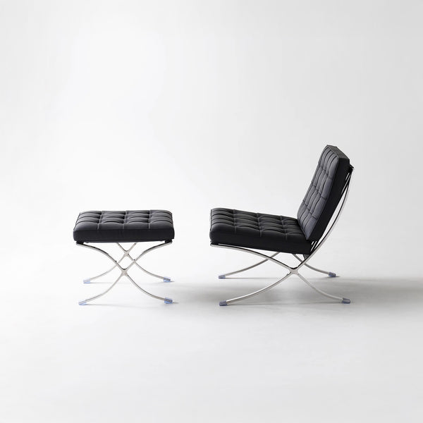 Lounge Chair &amp; Footstool – Black Genuine Leather &amp; Sculptural Chrome Frame