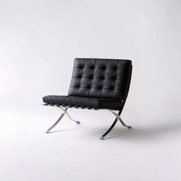 Lounge Chair &amp; Footstool – Black Genuine Leather &amp; Sculptural Chrome Frame