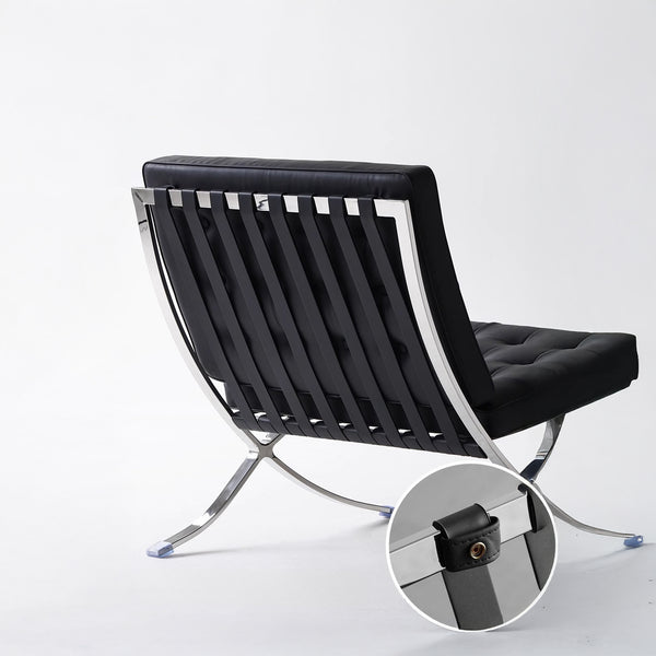 Lounge Chair &amp; Footstool – Black Genuine Leather &amp; Sculptural Chrome Frame