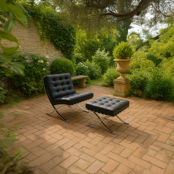 Lounge Chair &amp; Footstool – Black Genuine Leather &amp; Sculptural Chrome Frame