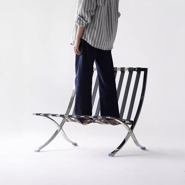 Lounge Chair &amp; Footstool – Black Genuine Leather &amp; Sculptural Chrome Frame